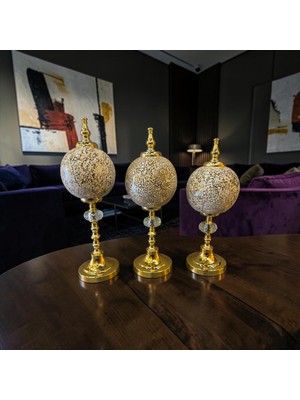 Sleep Nova Ivory Gold Mosaic Küre Dekoratif Obje Seti – Krem Mermer Desenli Lüks Modern 3’lü Masa Üstü Ev Aksesuarı