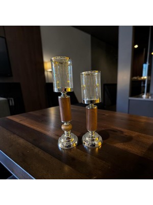 Sleep Nova Woodgold Cam Mumluk & Ahşap Detaylı Şamdan Seti (Ikili)