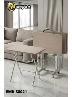 Erşen Eranş Serisi 4'lü Katlanır MDF Mebran Açık Meşe Desen Çanta Zigon Sehpa Metal Ayak Krom Kaplama