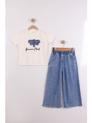 Joy Kids Kız Çocuk Kelebek Detaylı Taşlı Kot Takım (6-10YAŞ) (Beyaz)