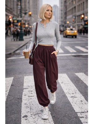 İbeeka Bohem Rahat Kesim Lastik Paçalı Jogger Pantolon - Bordo - L