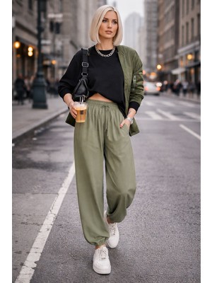 İbeeka Bohem Rahat Kesim Lastik Paçalı Jogger Pantolon - Haki - S
