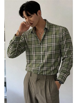 Tarz Cool Erkek Ekose Gömlek Slim Fit Uzun Kollu Pamuklu Günlük Şık