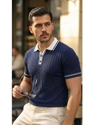 Flamex Erkek Düğme Yakalı Kontrast Yaka Triko Tişört