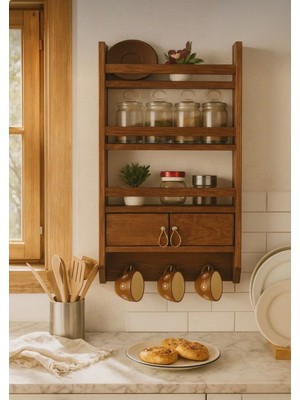 Zenba Design Ahşap Terek Bardak Baharatlık Düzenleyici Raf