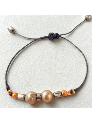 Ayre Style Doğal Taşlı Ipli Ayarlanabilir Ayre Bileklik - Pirit (8mm), Hematit Makrome Kapama Bileklik