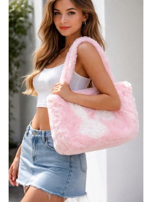 Peluş Omuz Çantası Pembe Beyaz Desenli Kadın Çanta Büyük Boy Yumuşak Dokulu Trend Tote Çanta 42X50 cm