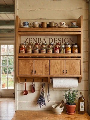 Zenba Design Büyük Boy Ahşap Peçeteli Terek Bardak Baharatlık Rafı Geniş Raf Ölçülü