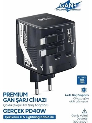 Eco Port Gan+ Pd 40W Hızlı Şarj Adaptörü Çoklu Çıkış Usb-C Lightning Kablolu Hızlı Şarj Cihazı Ev Ofis Uyumlu Siyah