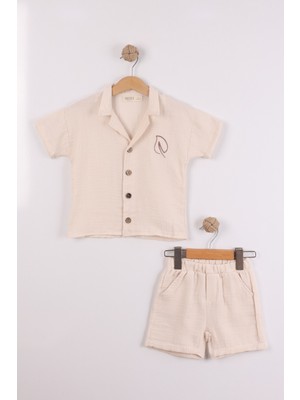 Joy Kids Erkek Çocuk Apaş Yaka %100 Pamuk Basic Müslin Takım (2-6yaş) (Bej)