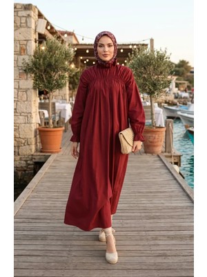 Hakim Yaka Büzgülü Elbise 71270-05 Bordo