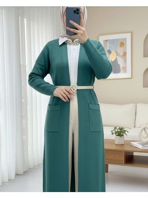 Moda Morfo Cepli Yırtmaçlı Uzun Triko Hırka  -Mint