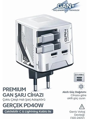 Eco Port Gan+ Pd 40W Hızlı Şarj Adaptörü Çoklu Çıkış Usb-C Lightning Kablolu Hızlı Şarj Cihazı Ev Ofis Uyumlu Beyaz