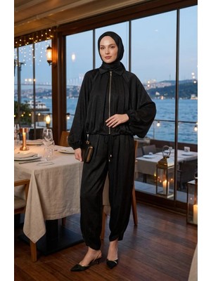 Fermuarlı Krinkıl Saten Ikili Takım 71329-05 Siyah