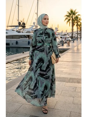 Desenli Kemerli Şifon Elbise 50005-01 Çağla Yeşili