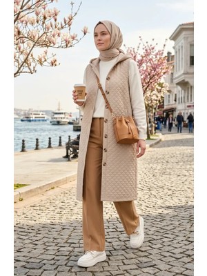 Kapitone Düğmeli Yelek 71314-01 Bej