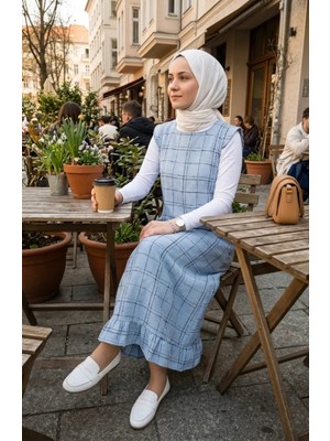 Sefa Merve Kareli Dokulu Jile Elbise 2514-03 Buz Mavisi