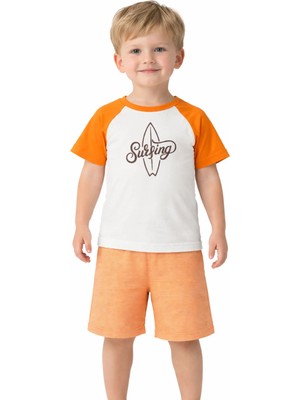 Organickid Surfer Erkek Çocuk Turuncu Çizgili Kısa Kollu T-Shirt ve Şort Takım