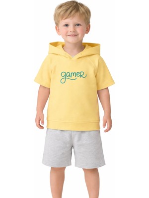 Organickid Gamer Çocuk Sarı Reglan Kol Kapşonlu T-Shirt