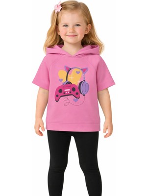 Organickid Gamer Kız Çocuk Pembe Reglan Kol Kapşonlu T-Shirt