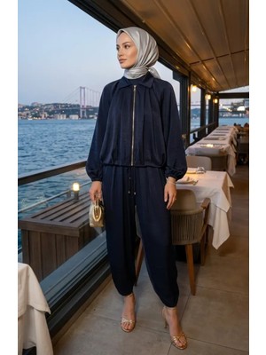 Fermuarlı Krinkıl Saten Ikili Takım 71329-04 Lacivert