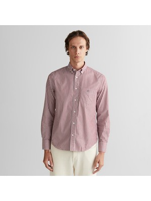 Gant Erkek Bordo Regular Fit Düğmeli Yaka Çizgili Poplin Gömlek