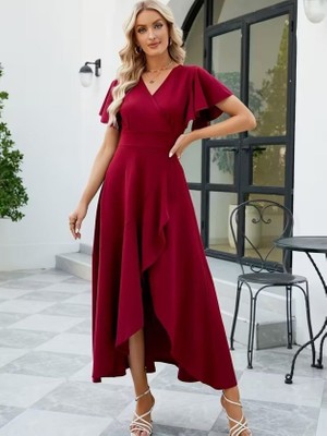 Lunelis Kadın Kısa Kollu Kruvaze Yakalı Ön Asimetrik Volanlı Uzun Ithal Krep Elbise