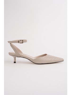 Muggo Kick Kadın Kroko Desenli Sivri Burun Ince Topuklu Bilekten Bağlamalı Ayakkabı