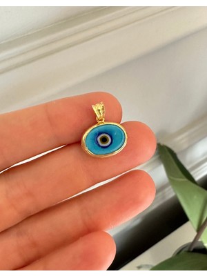 PremiumPort Altın Kaplama Nazar Boncuklu Oval Kolye Ucu 925 Ayar Gümüş