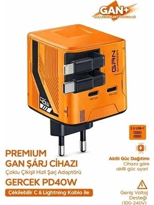 Eco Port Gan+ Pd 40W Hızlı Şarj Adaptörü Çoklu Çıkış Usb-C Lightning Kablolu Hızlı Şarj Cihazı Ev Ofis Uyumlu Turuncu
