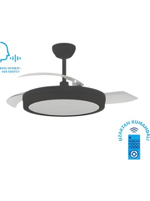 K2 Gizli Kanat Ledli Ses ve Kumanda Kontrollü Tavan Vantilatörü Siyah KCF306