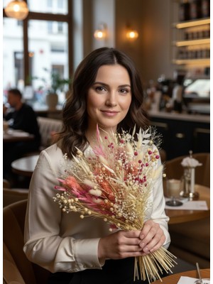 Hidden Botanics Pembe Krem Kuru Çiçek Buketi 45X35 cm Şoklanmış Doğal Aranjman - Bohem Rustik Ev Dekoru