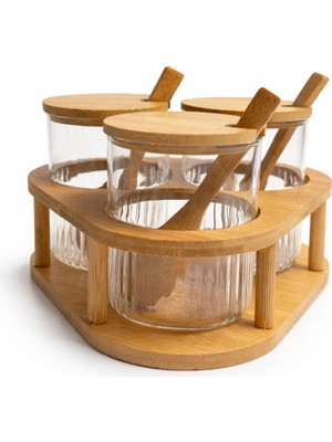 Nokka 3’lü Cam Baharatlık Seti Kaşıklı Bambu Standlı, Cam Baharat Kavanozu 8x8 cm