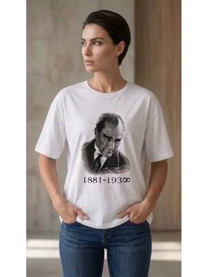 MiraLive Atatürk Baskılı Tişört Kısa Kollu Bisiklet Yaka T-Shirt - Beyaz