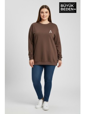 Superlife Kadın Büyük Beden A Baskılı Bisiklet Yaka Ince Sweatshirt SPR26BSWK956-12