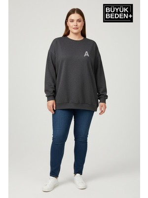 Superlife Kadın Büyük Beden A Baskılı Bisiklet Yaka Ince Sweatshirt SPR26BSWK956-12