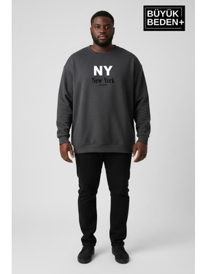 Superlife Erkek Büyük Beden Ny Newyork Baskılı Bisiklet Yaka Ince Sweatshirt SPR26BSW956-15