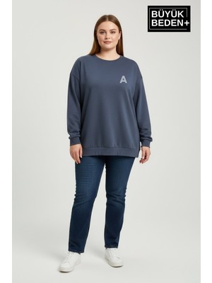 Superlife Kadın Büyük Beden A Baskılı Bisiklet Yaka Ince Sweatshirt SPR26BSWK956-12