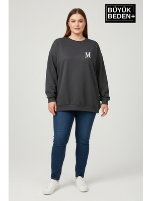 Superlife Kadın Büyük Beden M Baskılı Bisiklet Yaka Ince Sweatshirt SPR26BSWK956-13