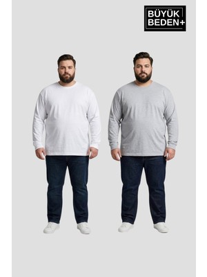 Superlife Erkek Büyük Beden 2'li Set Uzun Kollu 2 Iplik Bisiklet Yaka Tişört SPR26BEA942+2
