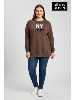 Superlife Kadın Büyük Beden Ny Newyork Baskılı Bisiklet Yaka Ince Sweatshirt SPR26BSWK956-15