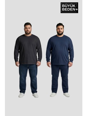 Superlife Erkek Büyük Beden 2'li Set Uzun Kollu 2 Iplik Bisiklet Yaka Tişört SPR26BEA942+2