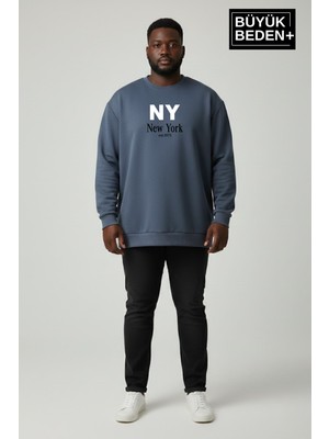 Superlife Erkek Büyük Beden Ny Newyork Baskılı Bisiklet Yaka Ince Sweatshirt SPR26BSW956-15
