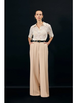 Sateen Kemer Detaylı Pantolon - Bej