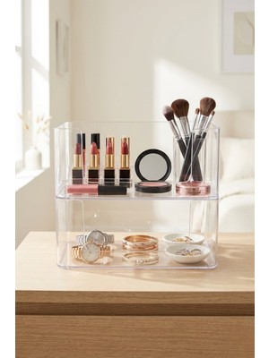 PremiumPort 2'li Kat Kat Şeffaf Plastik Organizer, 24,5X14,5 Cm, Pratik ve Şık Düzen