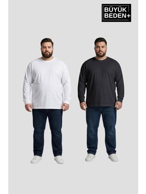 Superlife Erkek Büyük Beden 2'li Set Uzun Kollu 2 Iplik Bisiklet Yaka Tişört SPR26BEA942+2