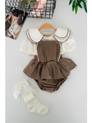 Miniğimin Cicileri Şık Askılı Salopet Görünümlü Kız Bebek Romper 2 Li Takım - Kahve