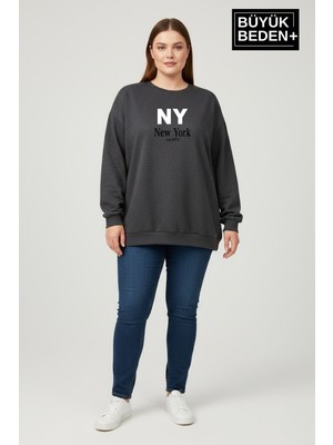 Superlife Kadın Büyük Beden Ny Newyork Baskılı Bisiklet Yaka Ince Sweatshirt SPR26BSWK956-15