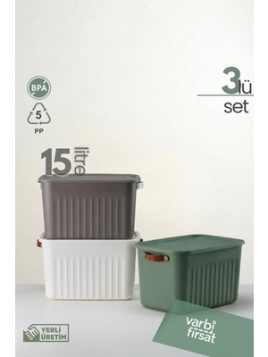 PremiumPort Çok Amaçlı Dekoratif Saklama Kutusu Seti, Kapaklı, 15 Lt, 3’lü Paket