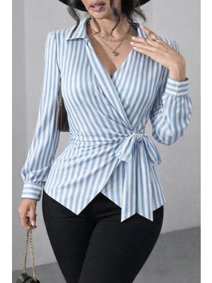 Lunelis Kadın Çizgili Kruvaze Bağlamalı Gömlek